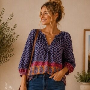 BLL New York Womens Boho Paisley Split Neck 3/4 Sleeve Peasant Blouse Blue Small